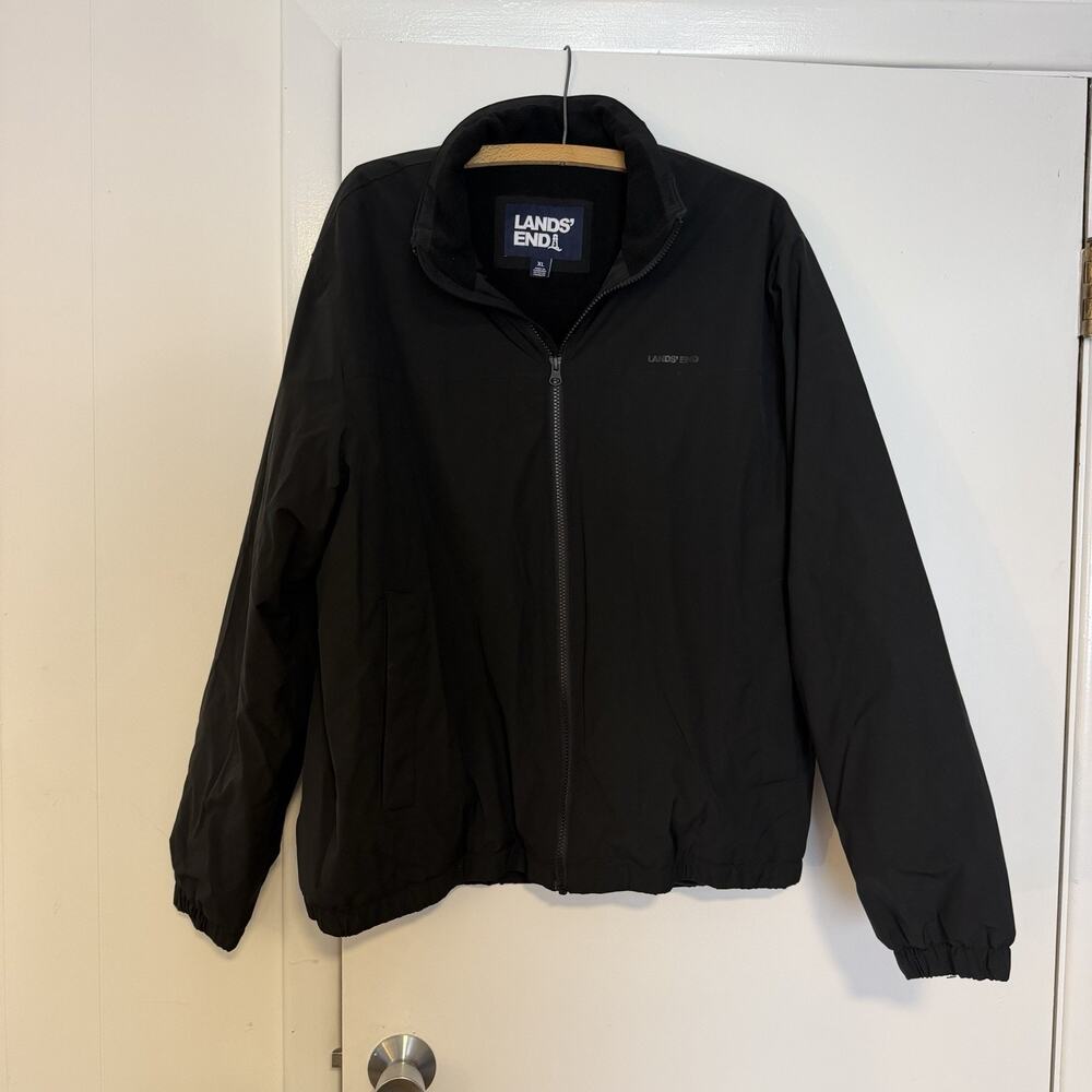Lands End Mens XL Black Fleece Lined Full Zip Jacket Windbreaker Coat